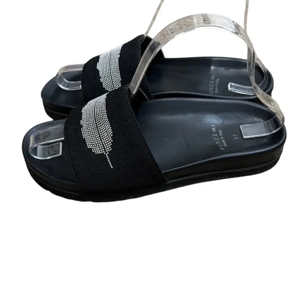 Buscemi Slide sandals black satin leather studded feather embellishment Size 7